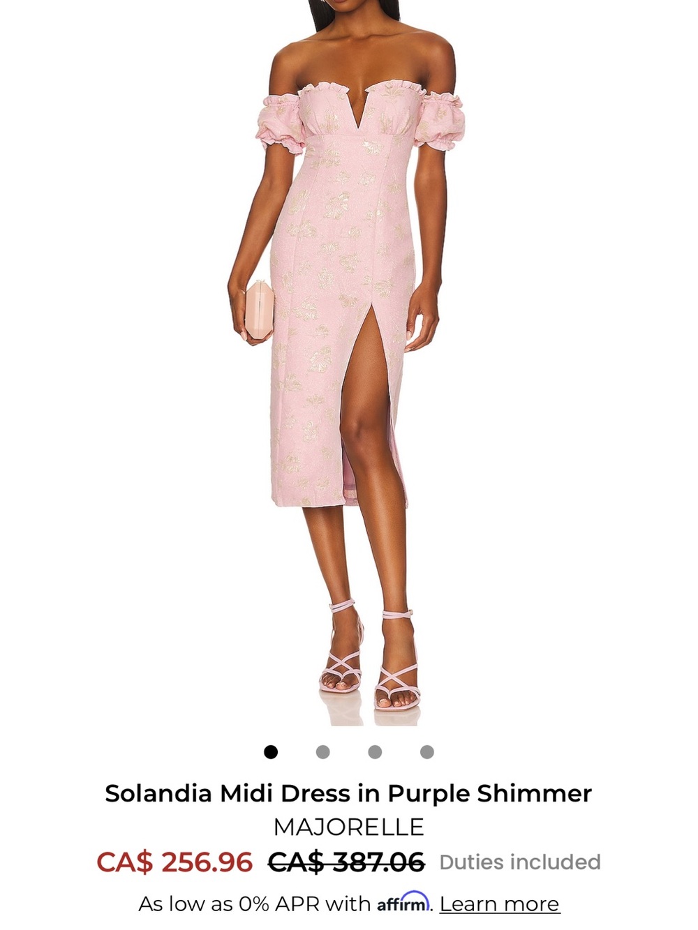 MAJORELLE Off-Shoulder Midi Dress in Light Pink with Gold Shimmer